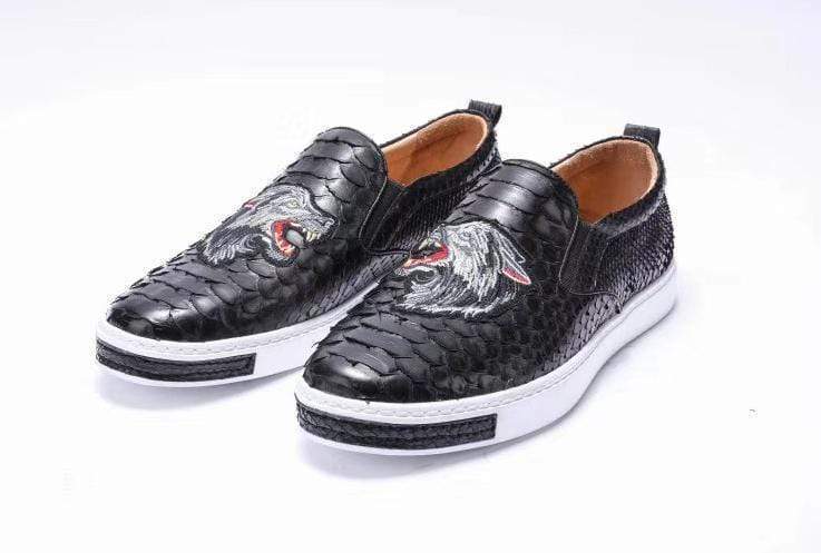 Crocodile Shoes Mens Python Leather With Grey Embroidery Tiger Driving Shoes  Slip on Flats Walking Shoes