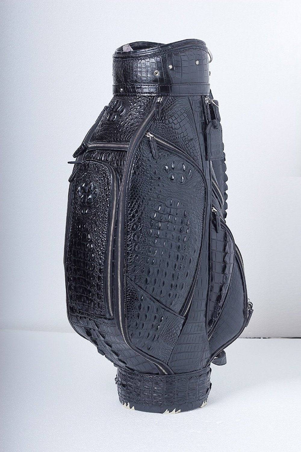 Crocodile leather golf set including cart and stand golf bags by Rossie Viren, featuring luxurious textured crocodile leather.