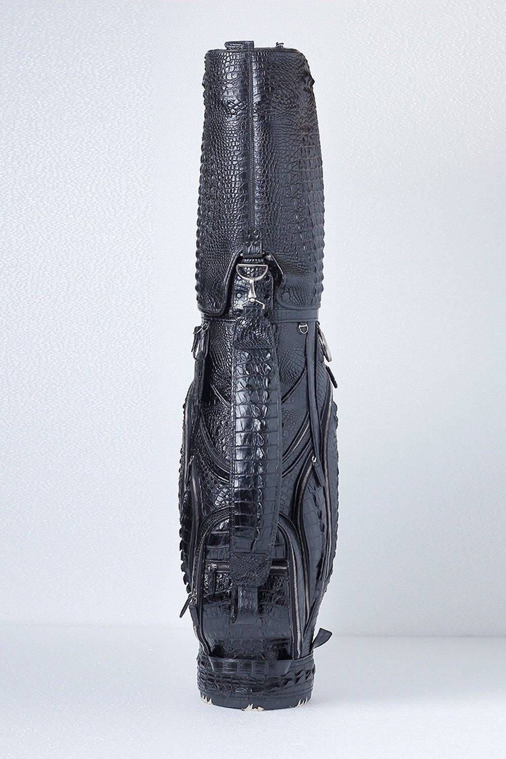 Pre-order crocodile leather golf set with golf bags, cart bags, and stand bags from Rossie Viren, featuring luxurious crocodile leather.