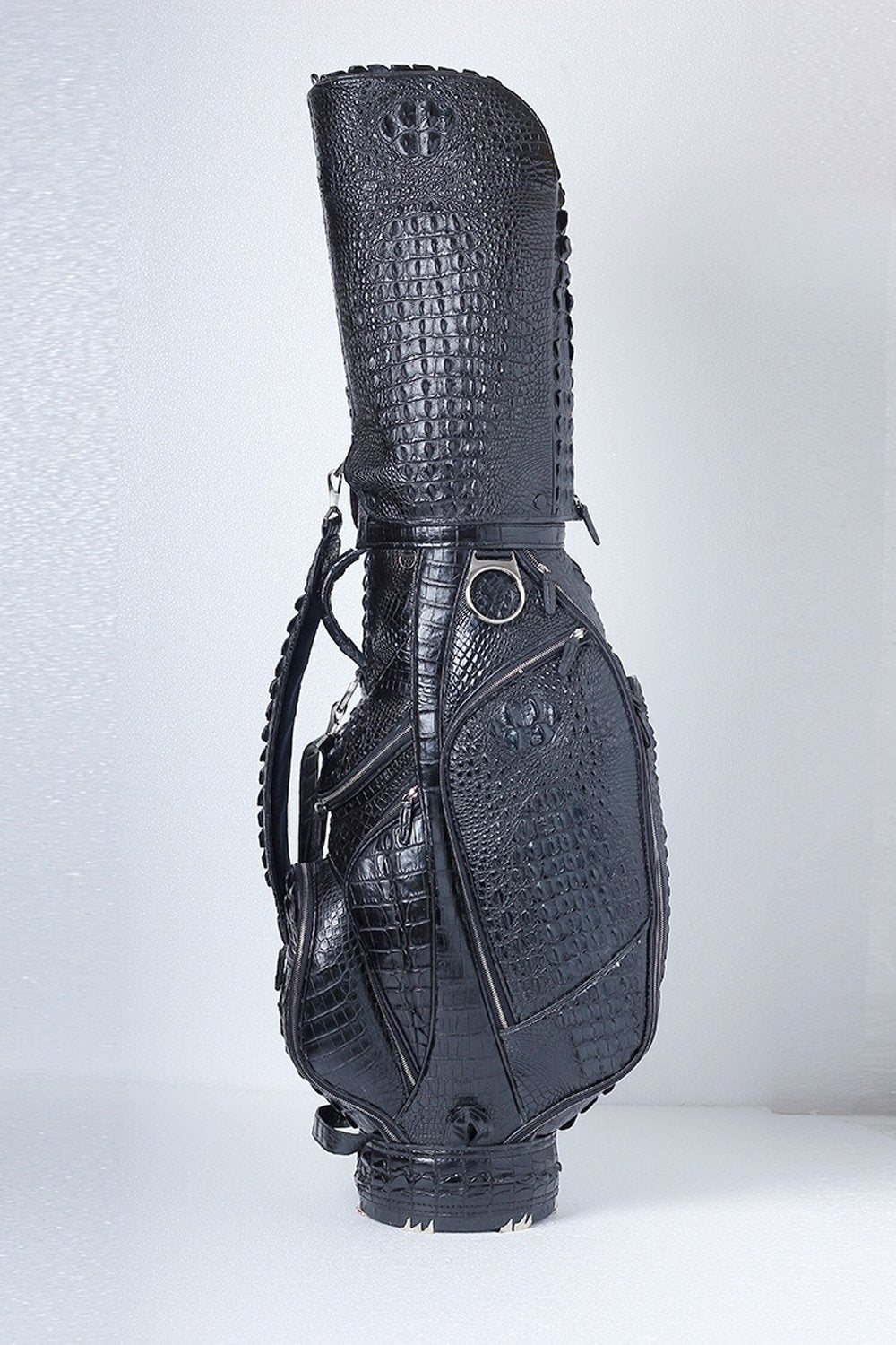 Pre-order Crocodile Leather Golf Sets by Rossie Viren featuring golf cart, stand, and golf bags with textured crocodile leather design.