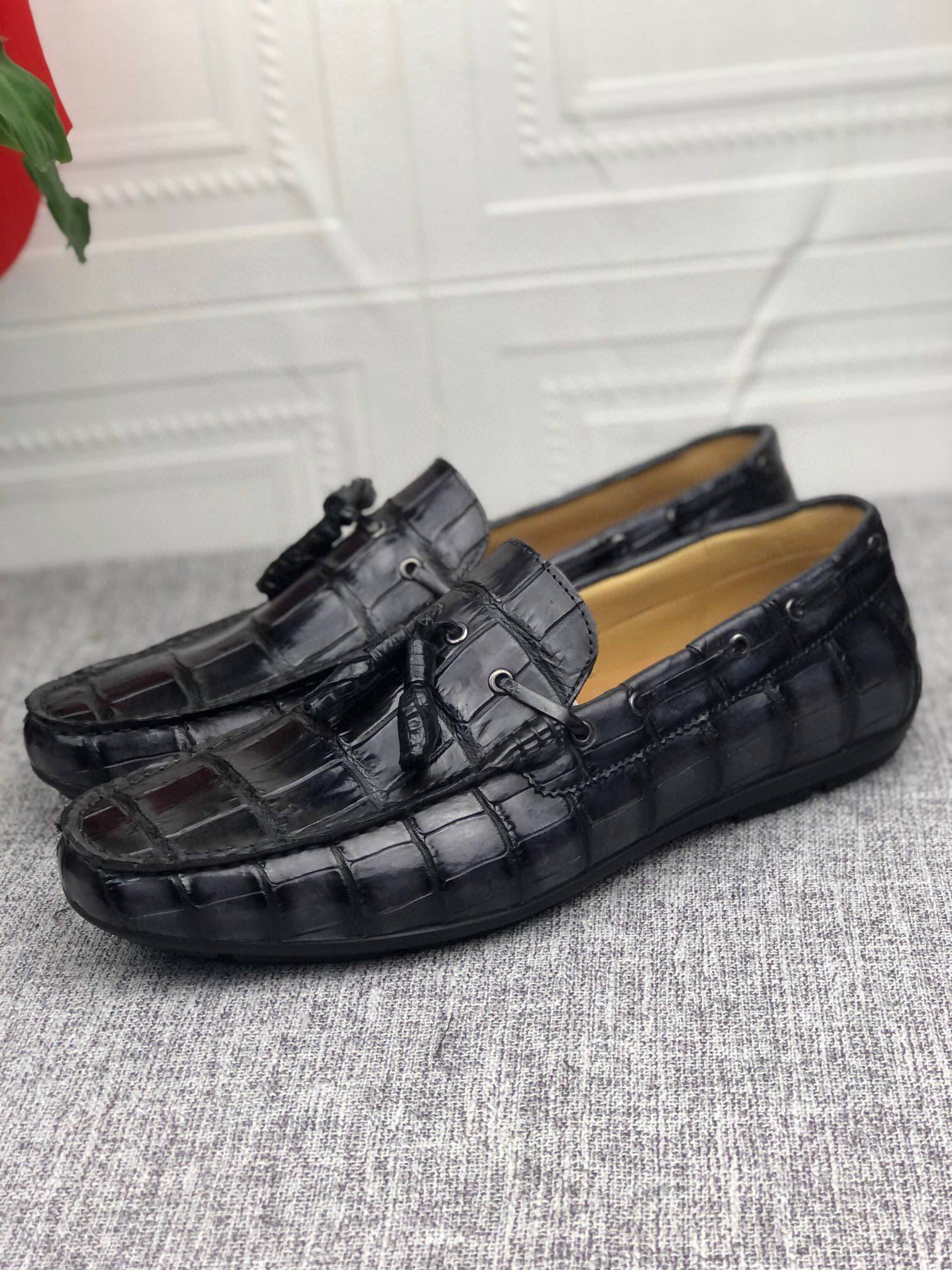 Preorder Crocodile  Leather Shoes Mens Slip-On Driving Loafer Shoes With Tassle Vintage Dark Grey