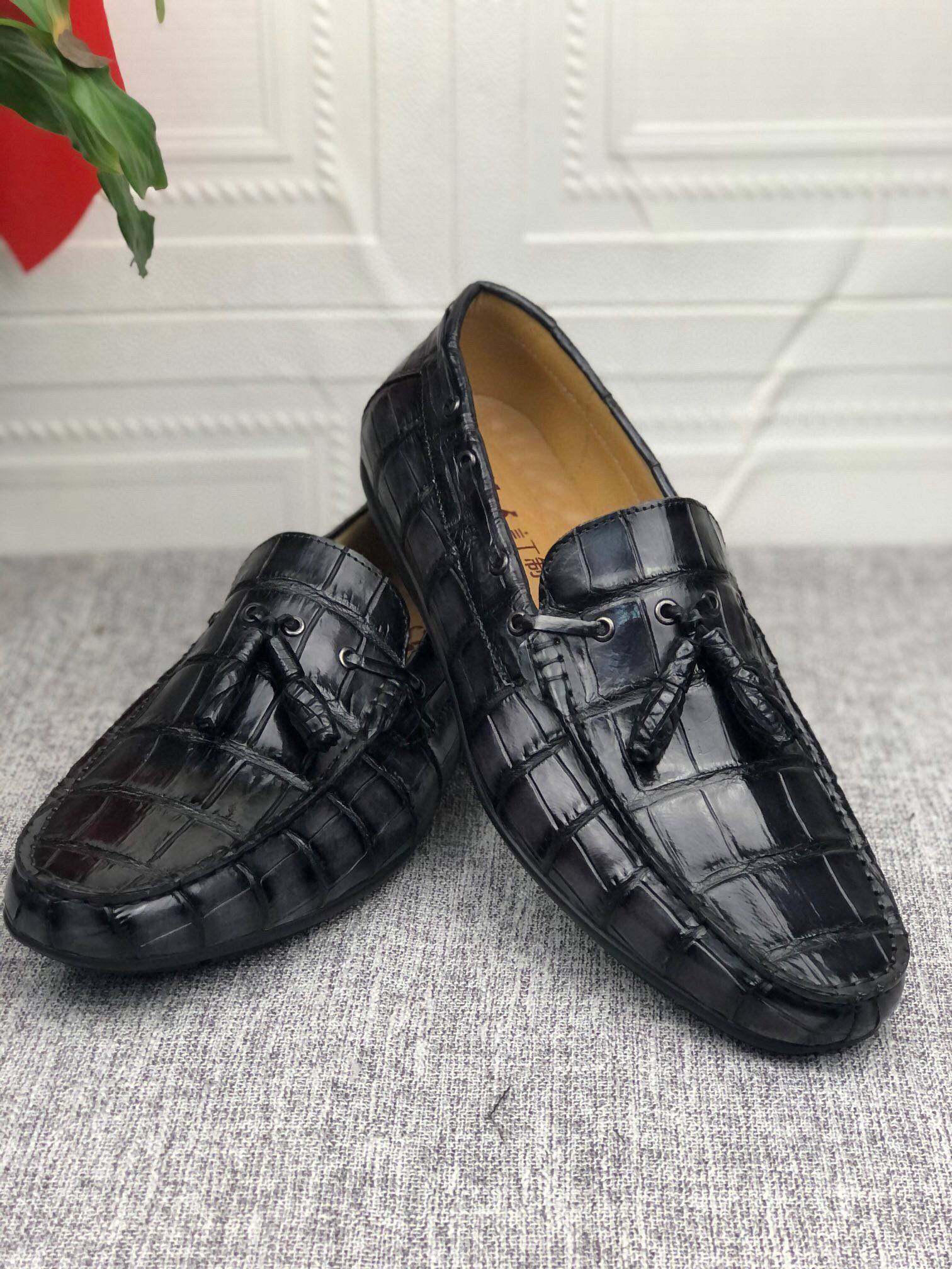 Preorder Crocodile  Leather Shoes Mens Slip-On Driving Loafer Shoes With Tassle Vintage Dark Grey
