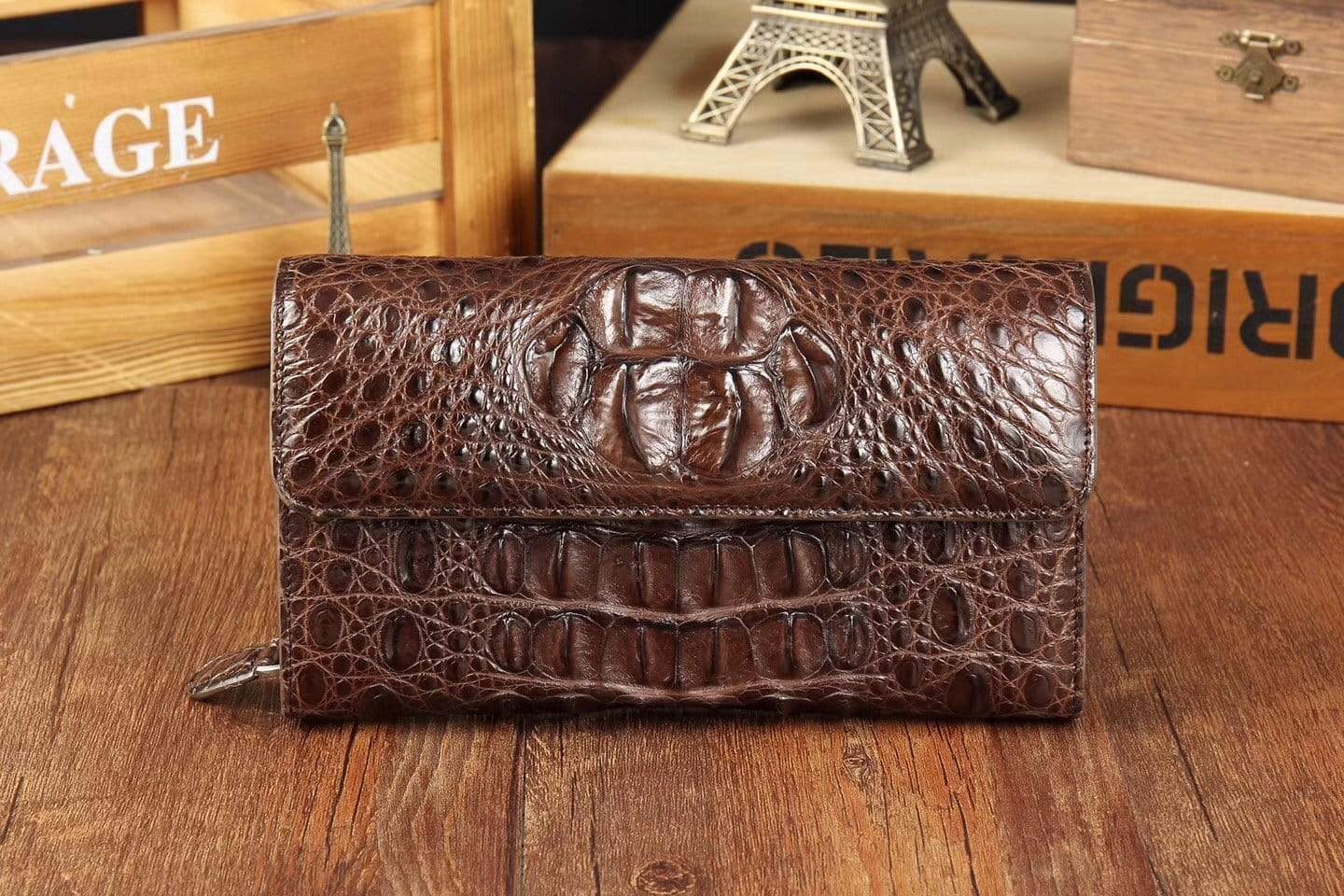 Preorder Crocodile Skin Belly Leather Trifold Wallet Clutches For Men Black
