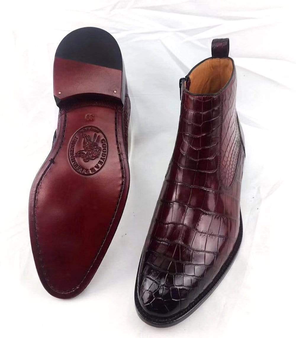 Preorder Customs Mans Handmade Lace Up Leather Ankle Boots Vintage Crocodile Belly Leather