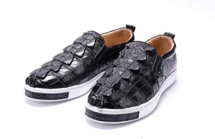 Preorder Mens Crocodile Bone Leather Driving Shoes Slip on Flats Walking Shoes Black