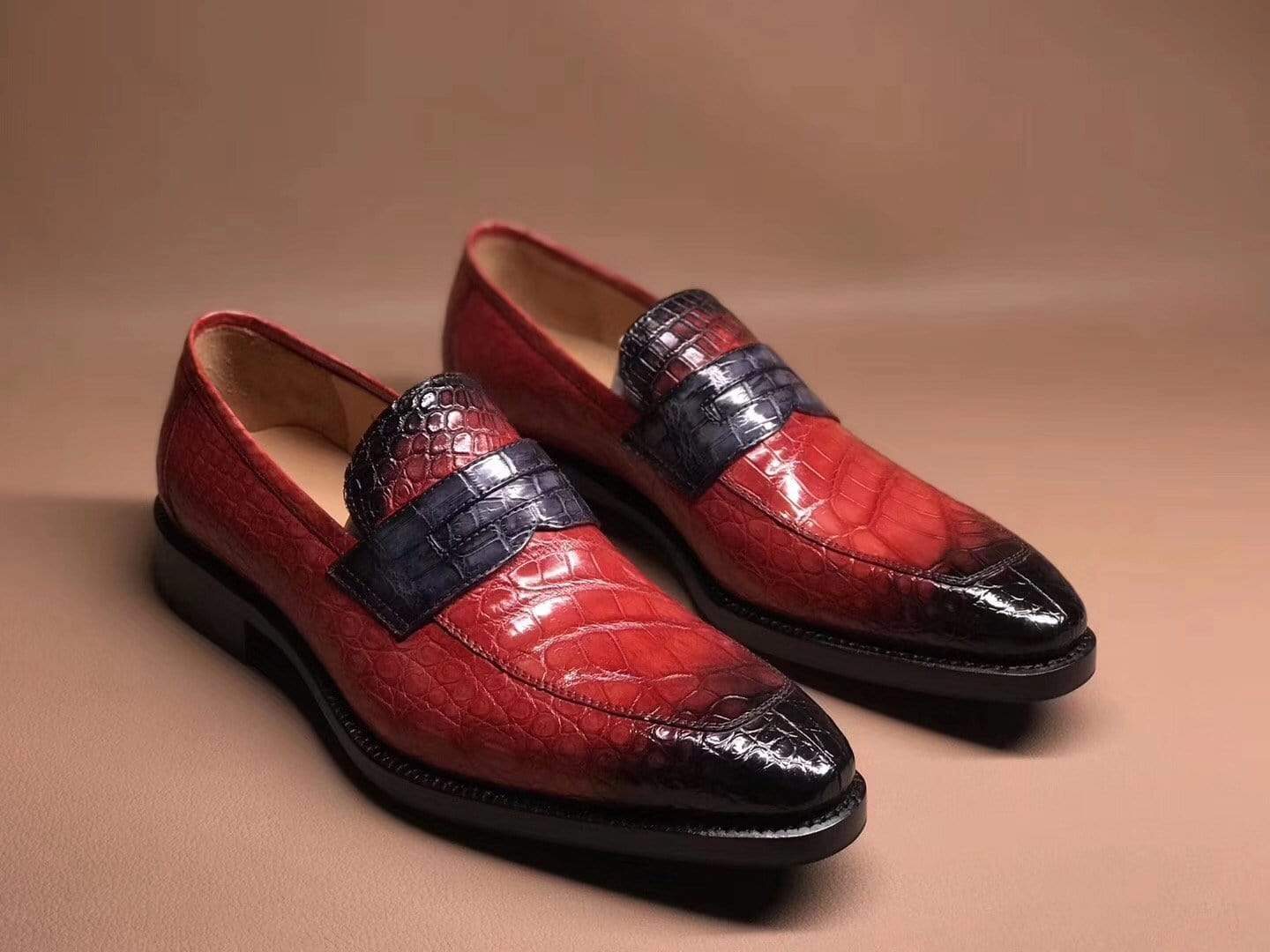 Crocodile Shoes Red Men's Crocodile Leather Loafers,Slip-Ons Diving Shoes, Penny Loafers Shoes