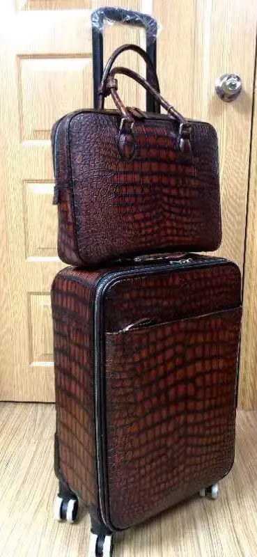Retro Brown Crocodile Leather Trolley/Roll Aboard Suitcase Weekend/Travel Bag Trolley Case Universal Wheels 20-Inch