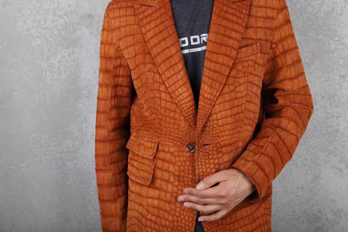 Stylish Orange Nubuck Crocodile Leather Suite Blazer
