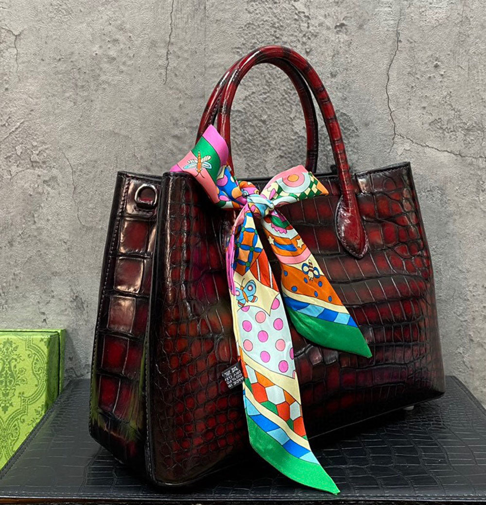Vintage Rossie Viren crocodile leather top handle handbag with shoulder strap, tote style, 30cm size, featuring a textured crocodile pattern.