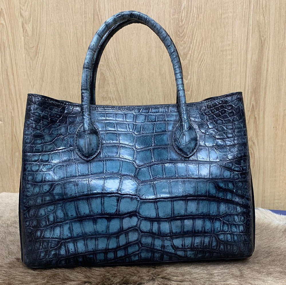 Vintage Rossie Viren crocodile leather handbag with top handle, shoulder strap, tote style, 30cm size, featuring a sleek, textured design.