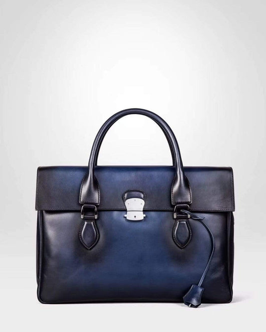 Vintage Large Smooth Cowhide Leather Foldover Briefcase Blue
