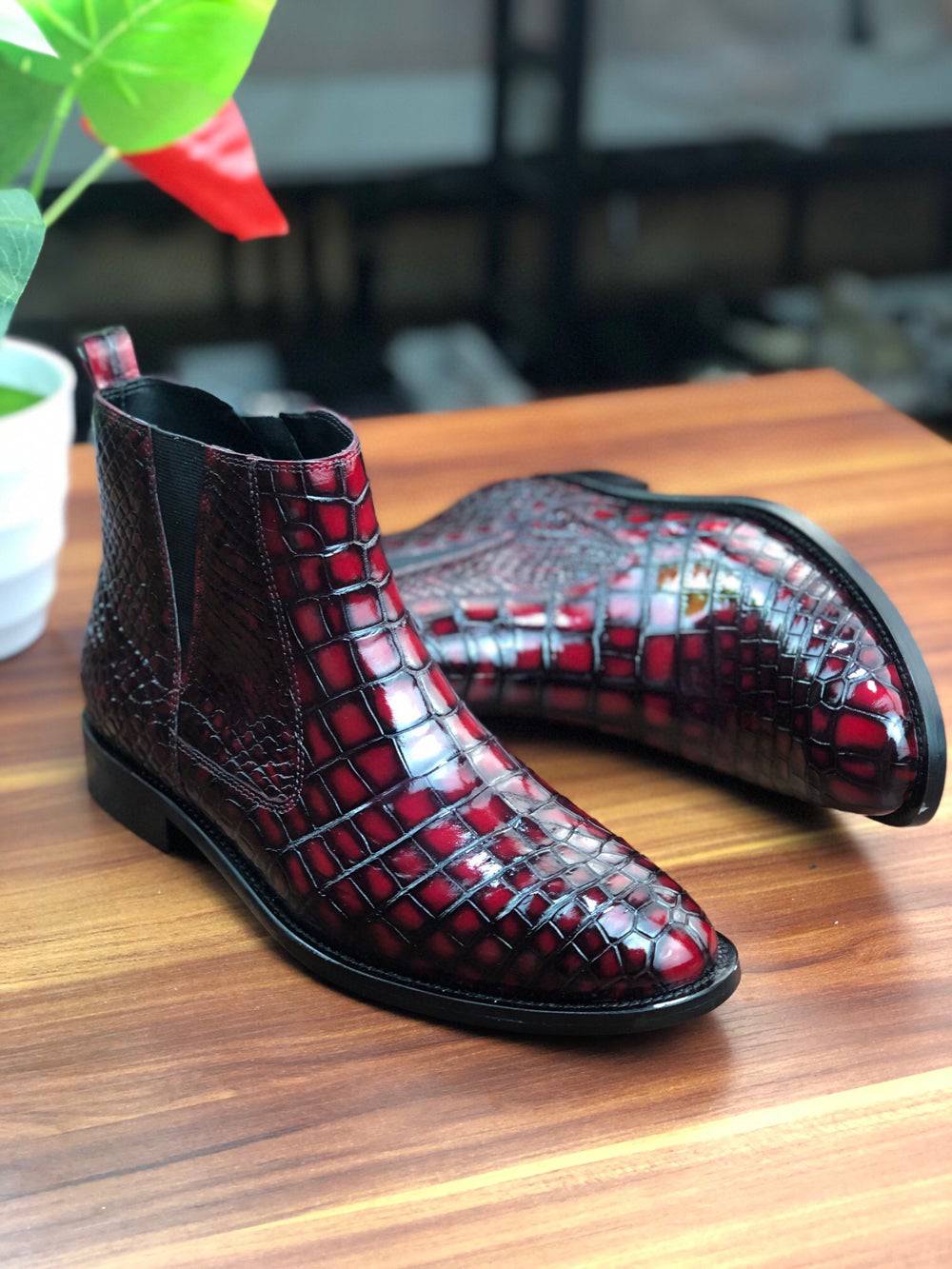 Crocodile Shoes Vintage Wine Red Chelsea Boots