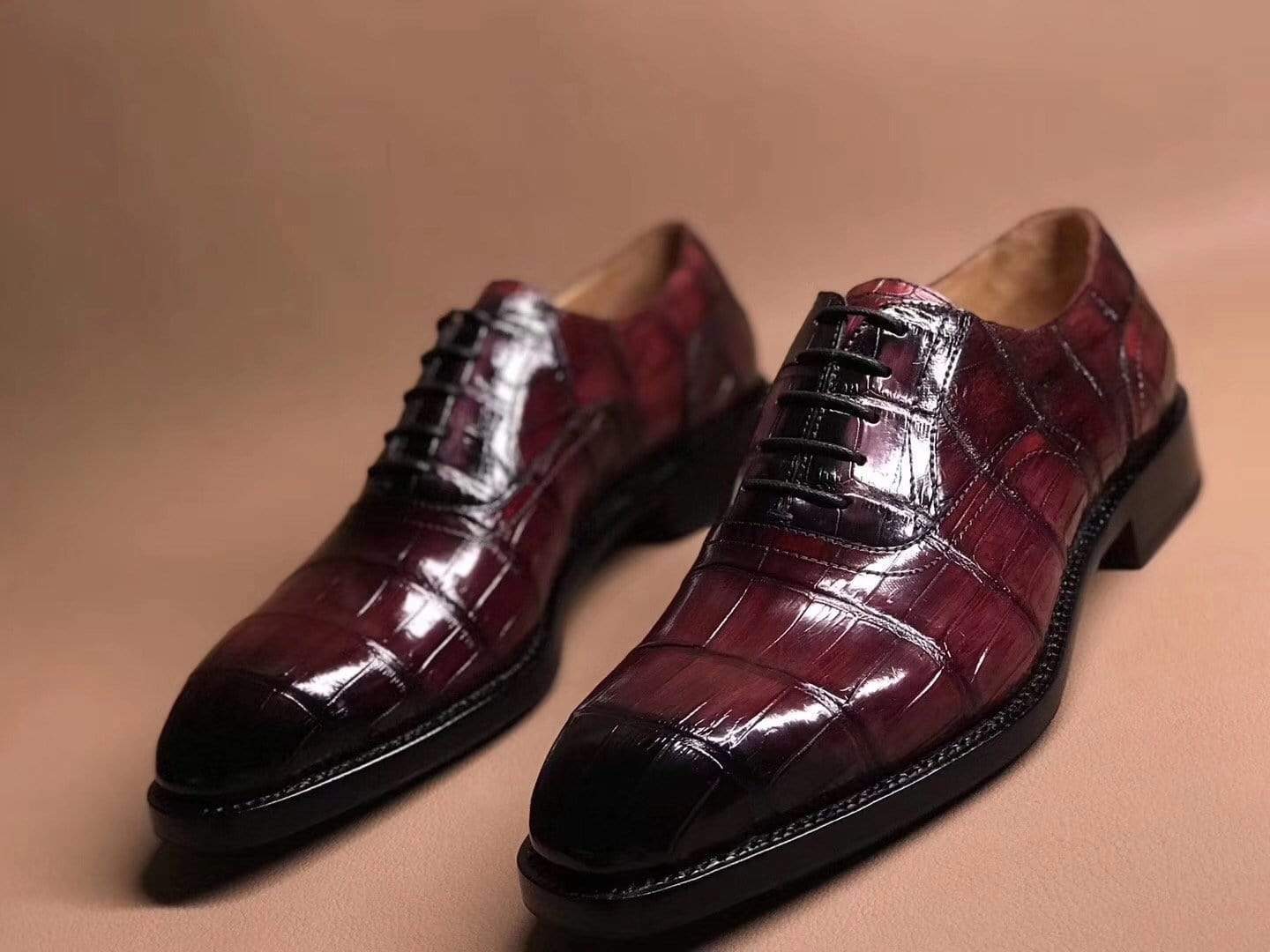 Crocodile Shoes Wine Red Crocodile Leather Lace Up Shoes