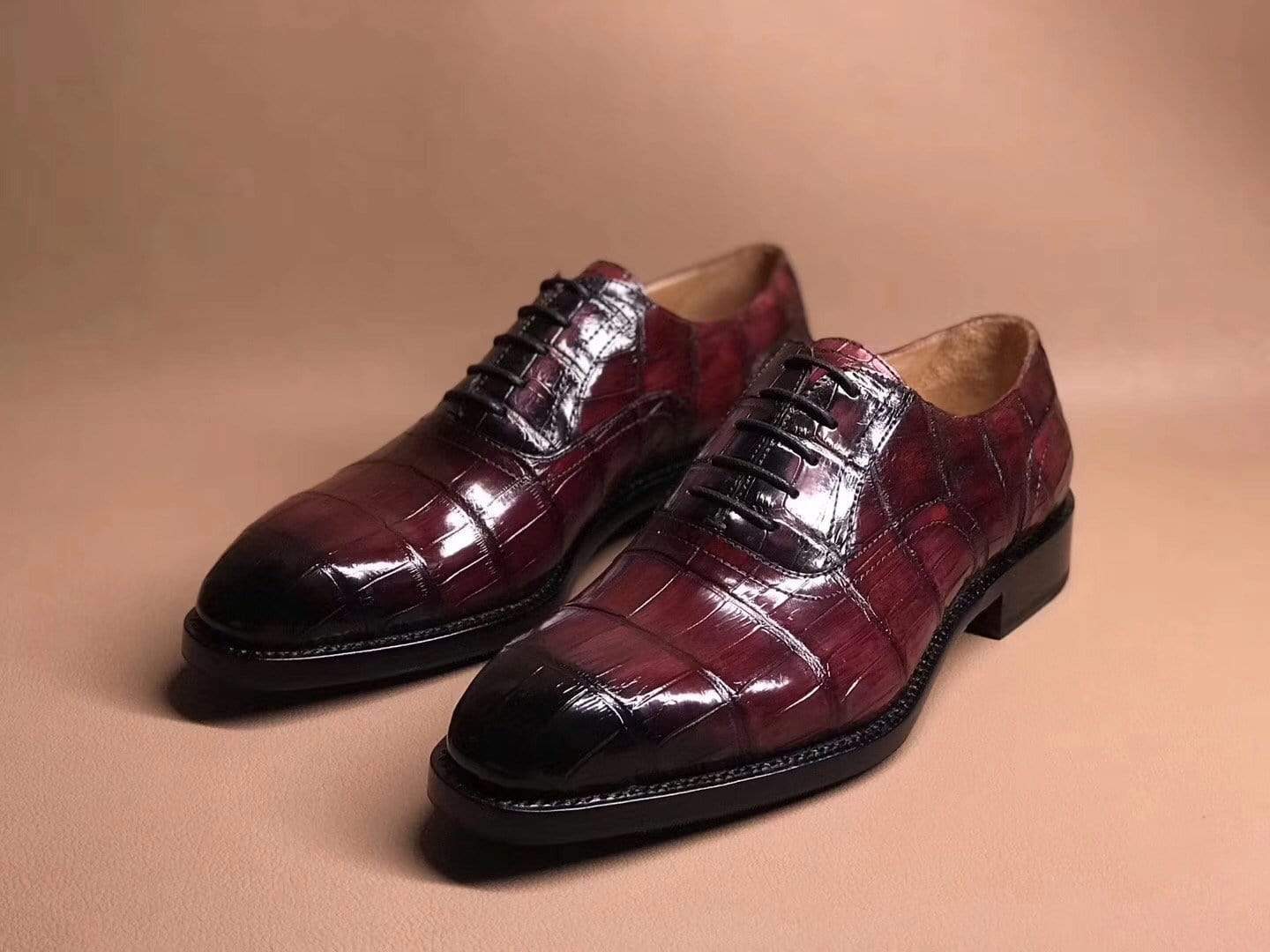 Crocodile Shoes Wine Red Crocodile Leather Lace Up Shoes