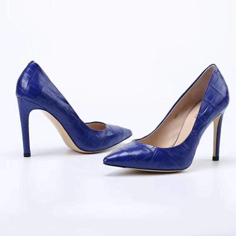 Crocodile Shoes Women's Genuine Crocodile Belly  Leather Blue Point Toe Court High Heels