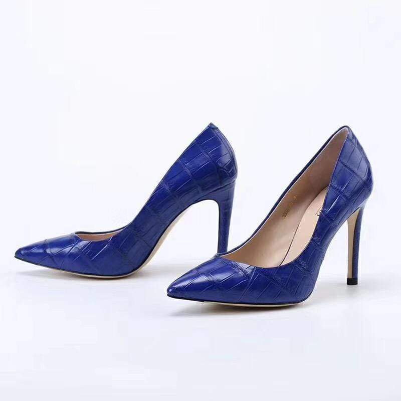 Crocodile Shoes Women's Genuine Crocodile Belly  Leather Blue Point Toe Court High Heels