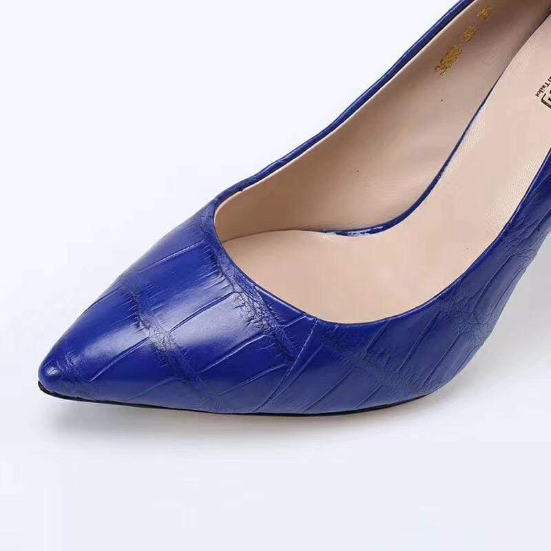 Crocodile Shoes Women's Genuine Crocodile Belly  Leather Blue Point Toe Court High Heels