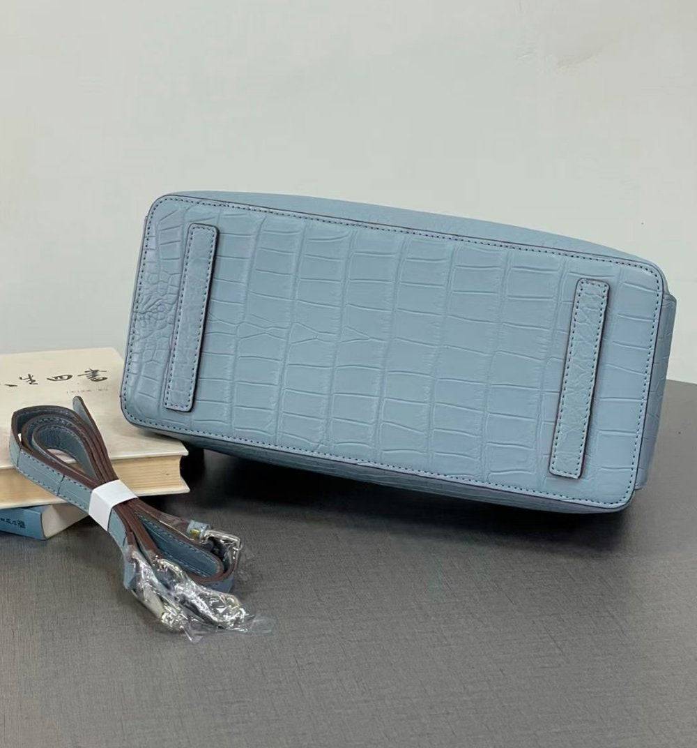 Women's Genuine Crocodile Leather Top Handle Shoulder Tote Purse Messenger Bags 32cm  Pale Blue
