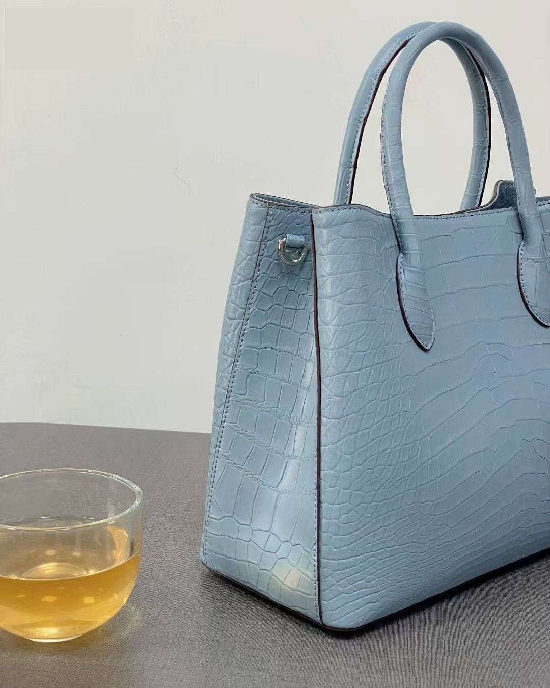 Women's Genuine Crocodile Leather Top Handle Shoulder Tote Purse Messenger Bags 32cm  Pale Blue