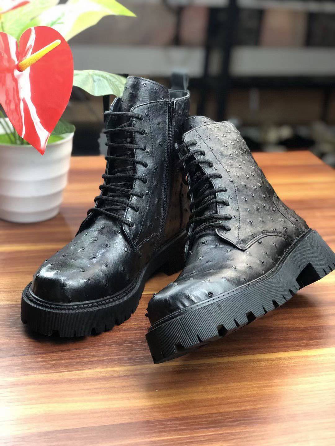 Crocodile Shoes Women's Ostrich Leather Parker Combat Boots Black