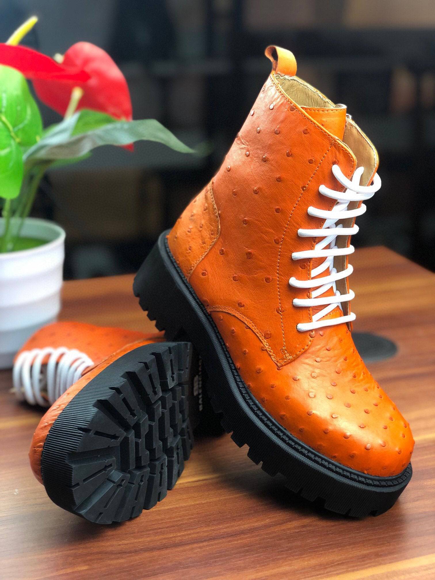 Crocodile Shoes Women's Ostrich Leather Parker Combat Boots Orange