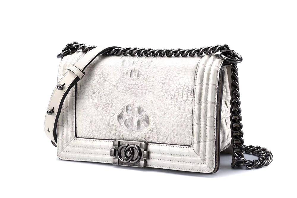 Womens Crocodile Leather Shoulder Flap Chain Bag