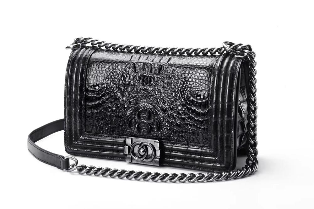 Womens Crocodile Leather Shoulder Flap Chain Bag