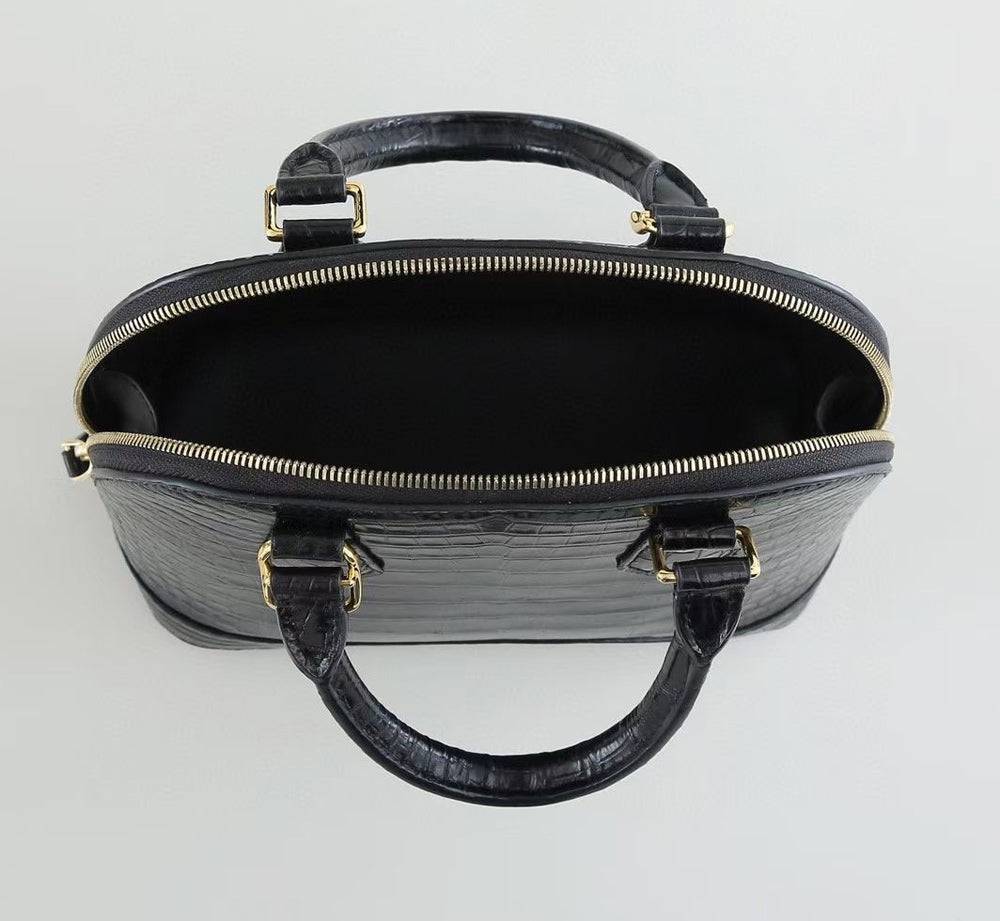 Womens Genuine Crocodile Leather Medium Shell Promennade Trapezoid Cross Body Bag Black