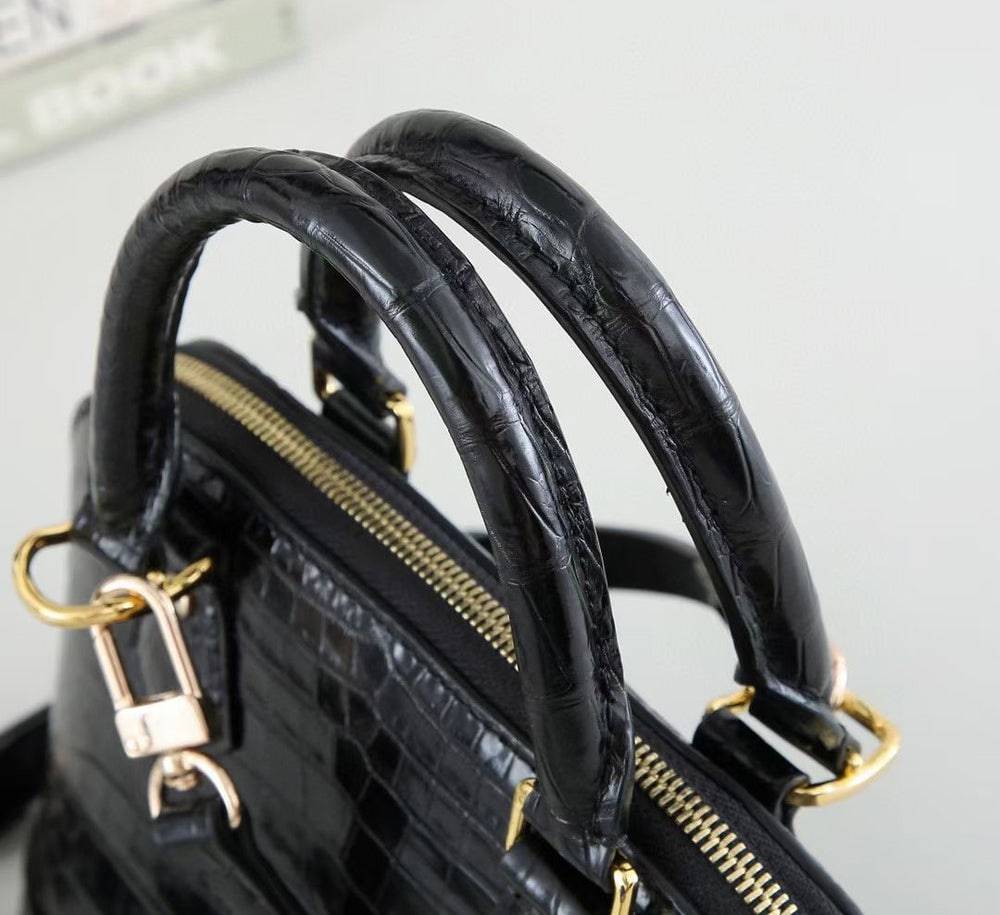 Womens Genuine Crocodile Leather Medium Shell Promennade Trapezoid Cross Body Bag Black