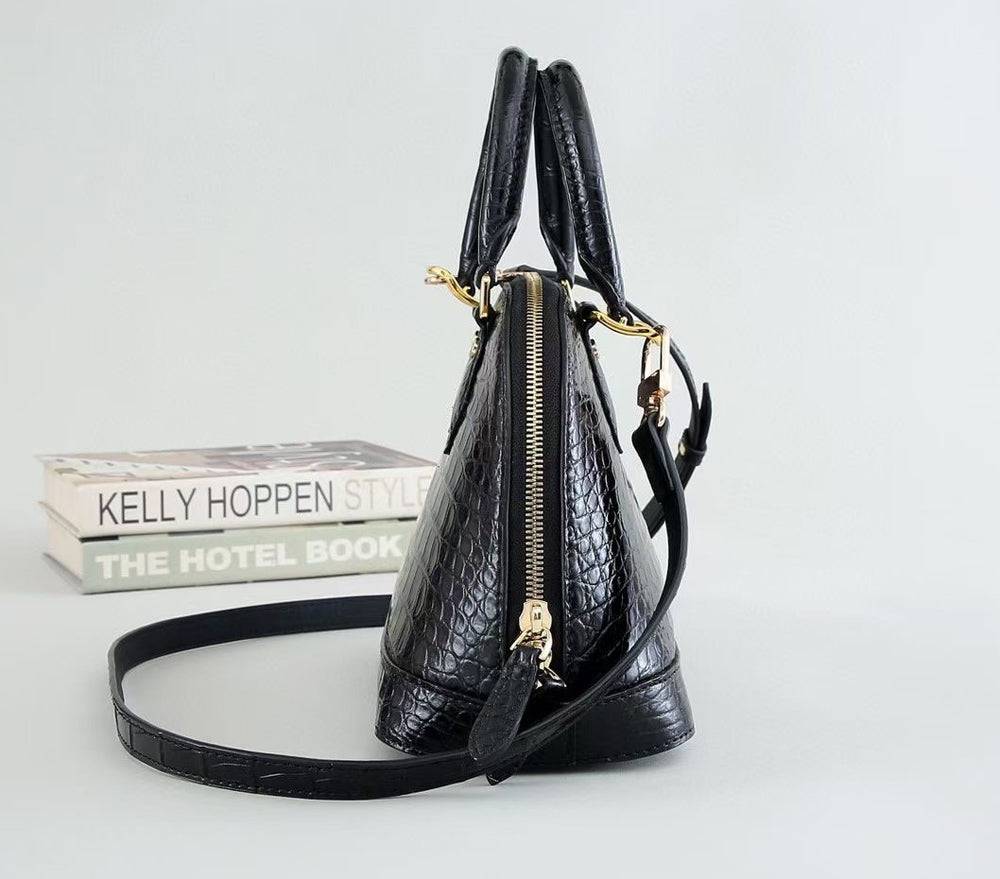 Womens Genuine Crocodile Leather Medium Shell Promennade Trapezoid Cross Body Bag Black