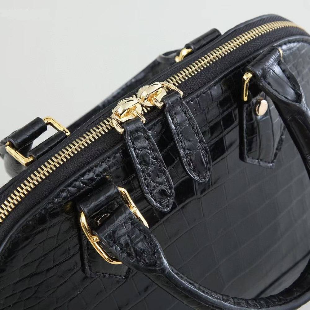 Womens Genuine Crocodile Leather Medium Shell Promennade Trapezoid Cross Body Bag Black