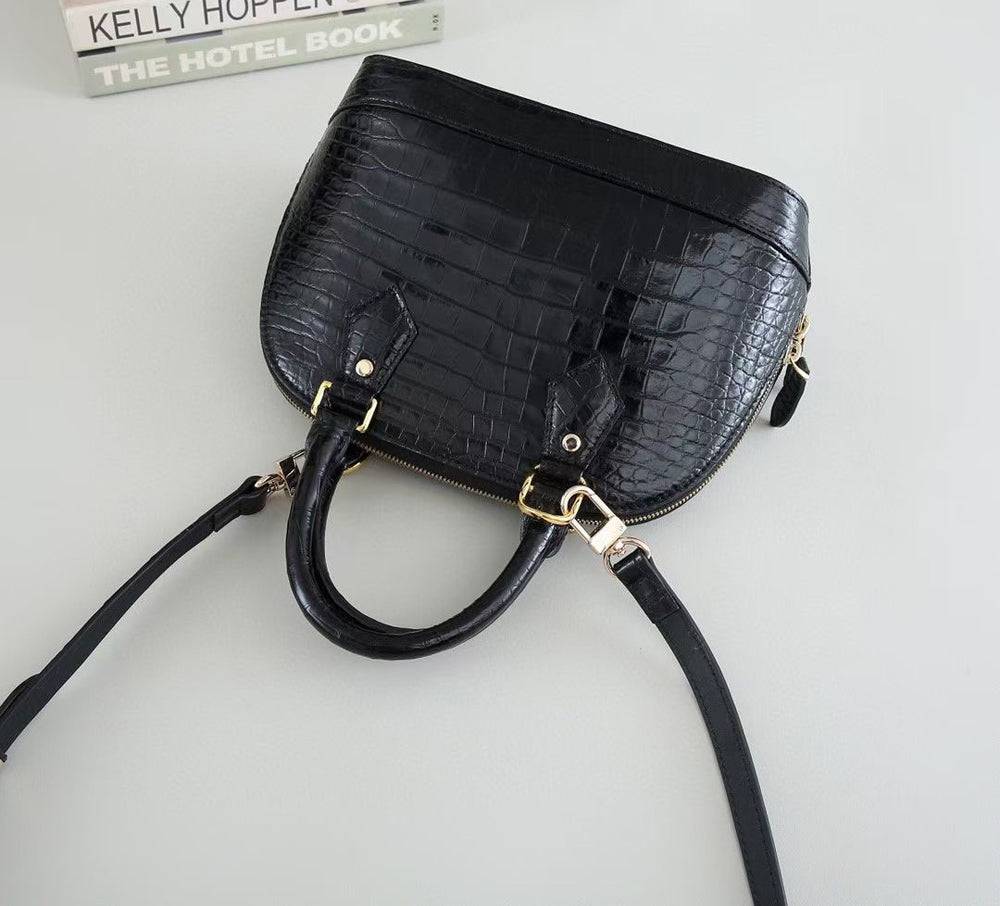 Womens Genuine Crocodile Leather Medium Shell Promennade Trapezoid Cross Body Bag Black