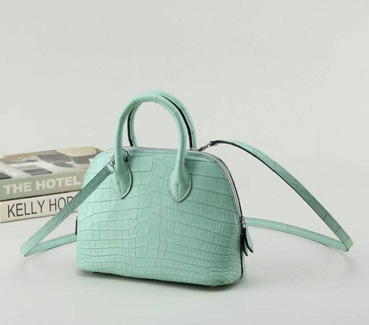 Womens  Genuine Crocodile Leather Small Shell Promennade Trapezoid Cross Body Bag Pale Green