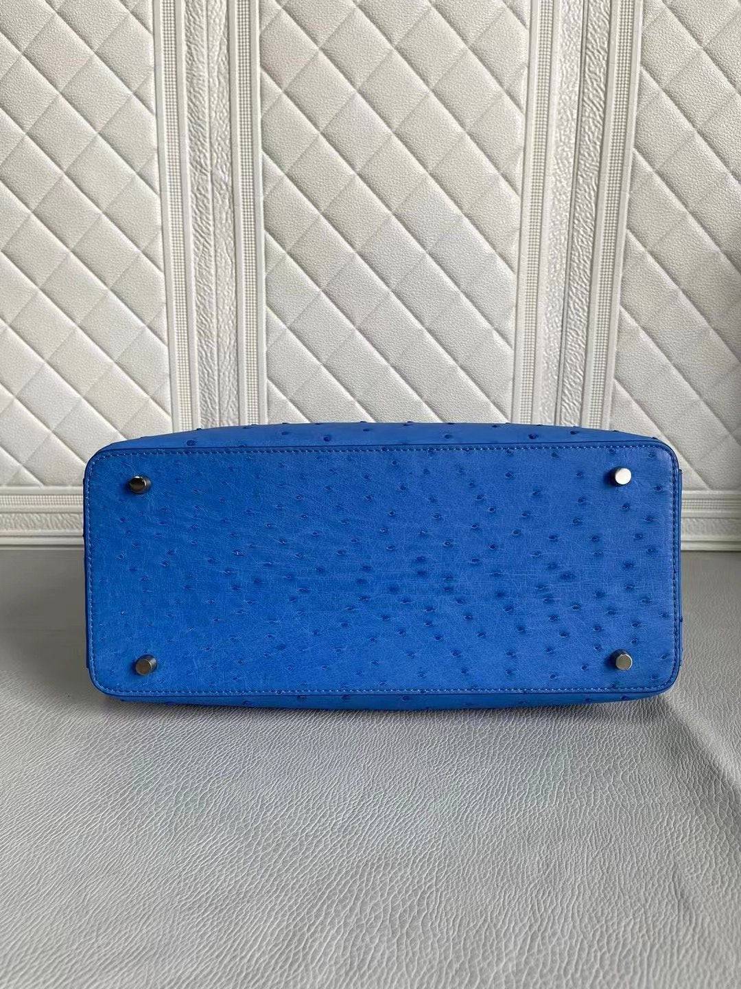 Womens Ostrich Leather Top Handle Shoulder Cross Body Bags Blue & Cream 33cm