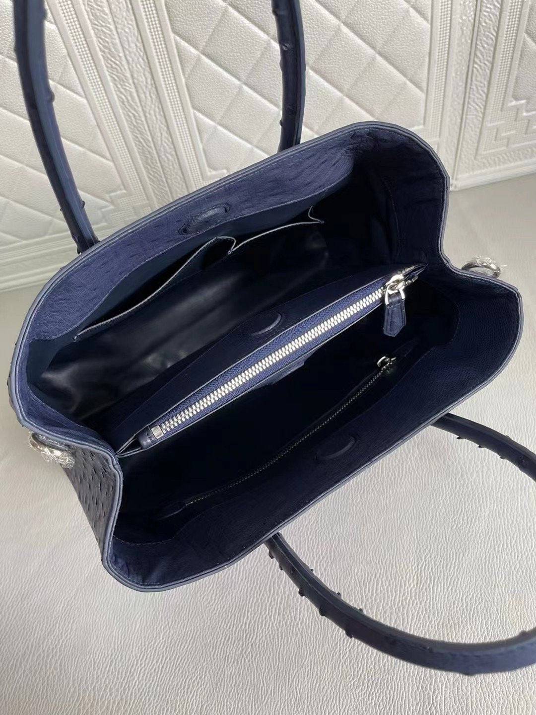 Womens Ostrich Leather Top Handle Shoulder Cross Body Bags Blue & Purple 33cm