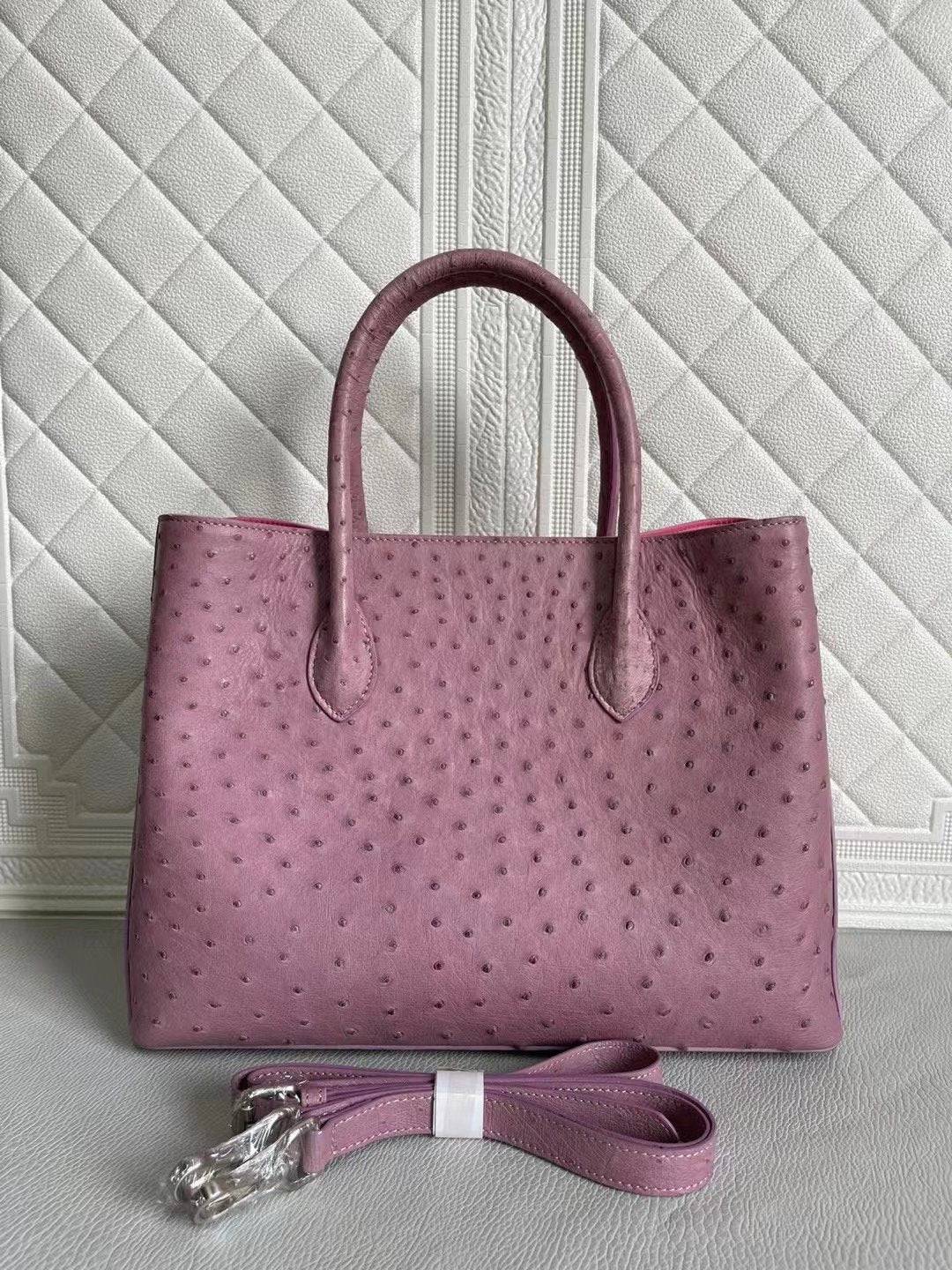 Womens Ostrich Leather Top Handle Shoulder Cross Body Bags Blue & Purple 33cm
