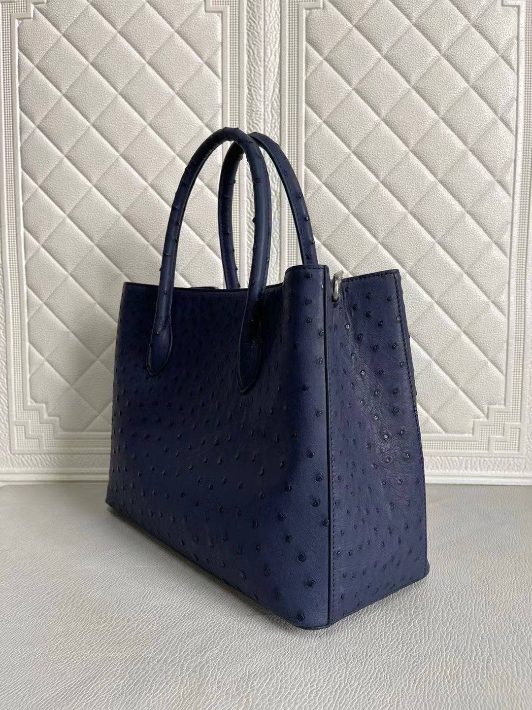 Womens Ostrich Leather Top Handle Shoulder Cross Body Bags Blue & Purple 33cm