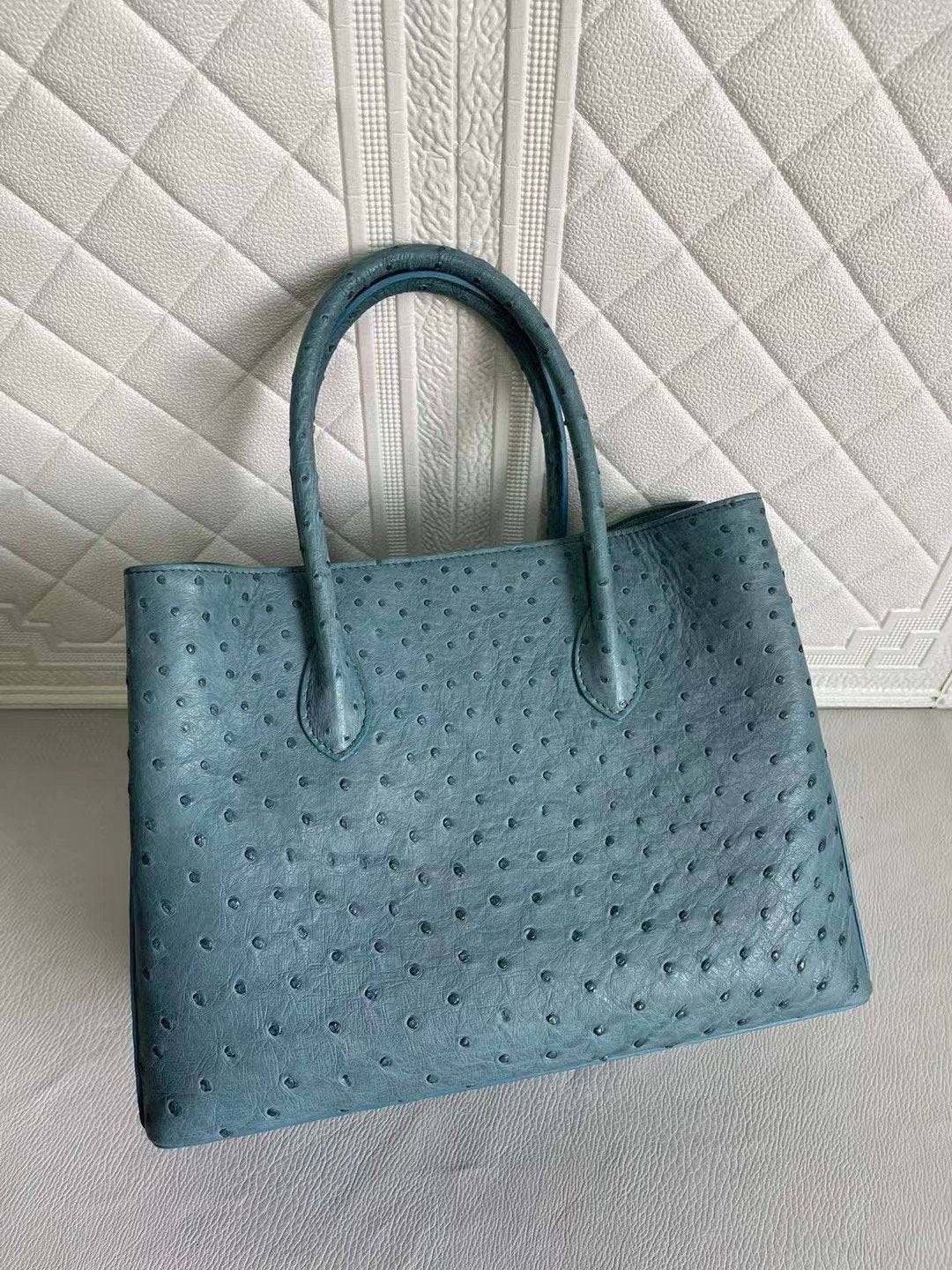 Womens Ostrich Leather Top Handle Shoulder Cross Body Bags Coral Blue & Yellow 33cm