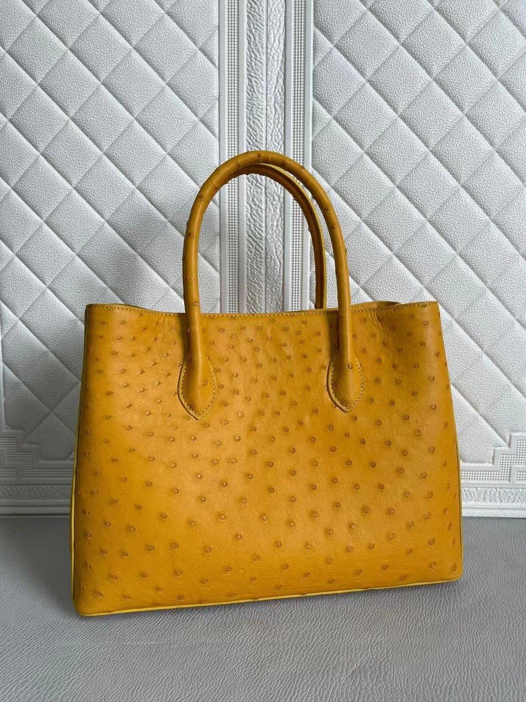 Womens Ostrich Leather Top Handle Shoulder Cross Body Bags Coral Blue & Yellow 33cm