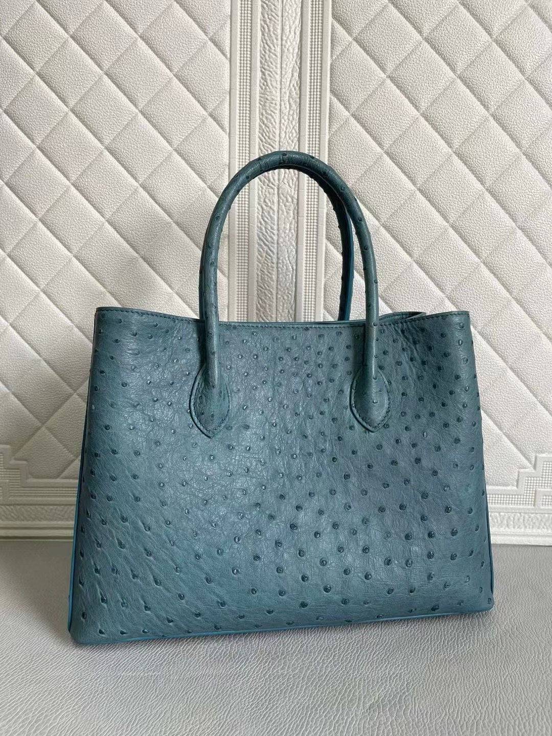 Womens Ostrich Leather Top Handle Shoulder Cross Body Bags Coral Blue & Yellow 33cm