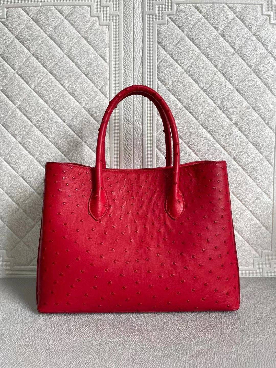 Womens Ostrich Leather Top Handle Shoulder Cross Body Bags Red 33cm