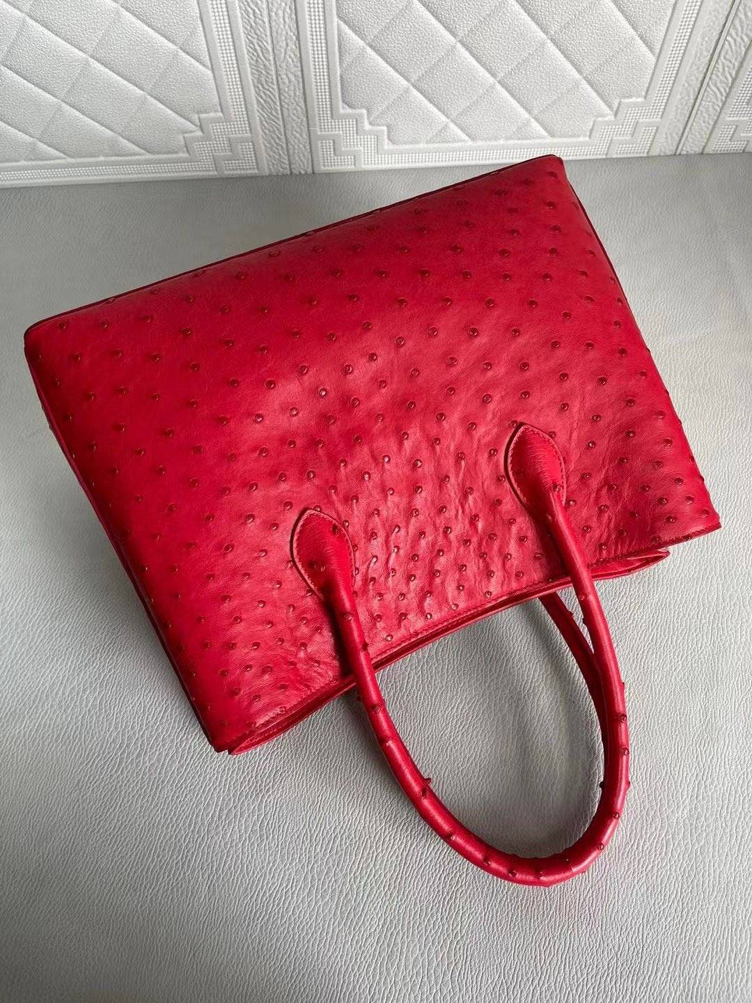 Womens Ostrich Leather Top Handle Shoulder Cross Body Bags Red 33cm