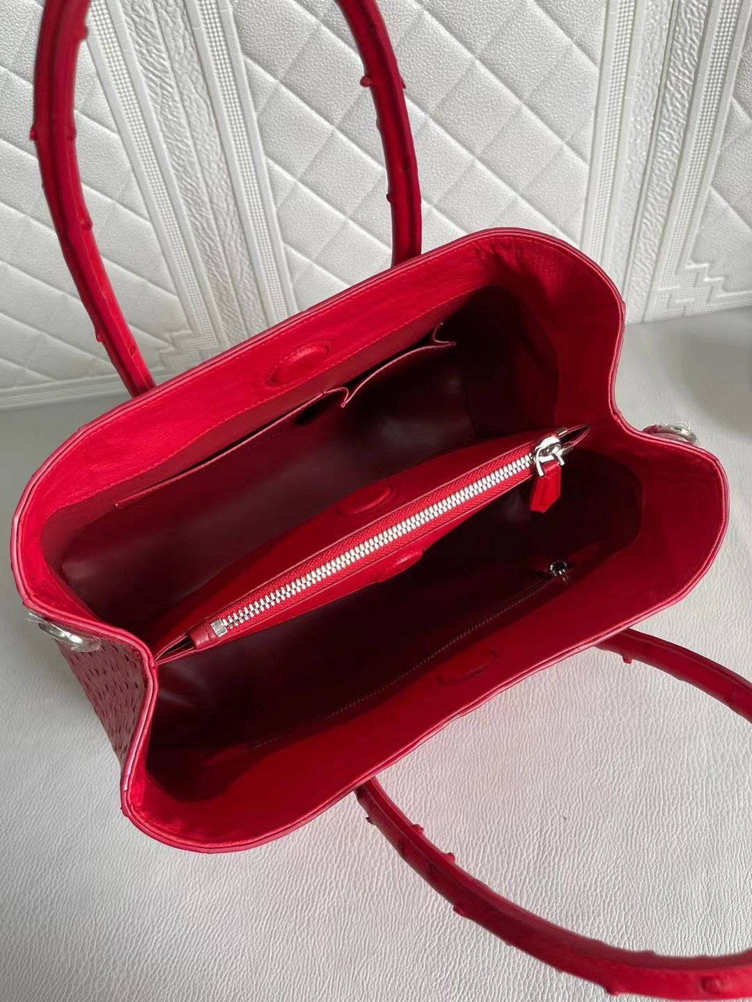 Womens Ostrich Leather Top Handle Shoulder Cross Body Bags Red 33cm