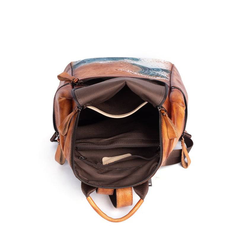 Rossie Viren women's vintage leather large backpack showing its spacious design and classic handbag style.