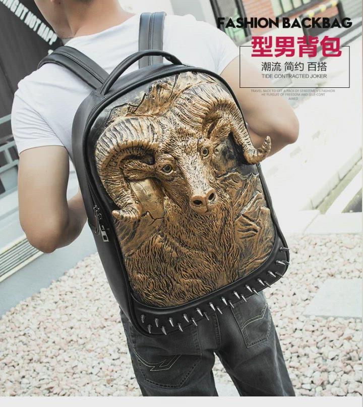 Large Studded Backpack 3D Goat Head Sculpture Backpack Laptop Travelling Rucksack Bag