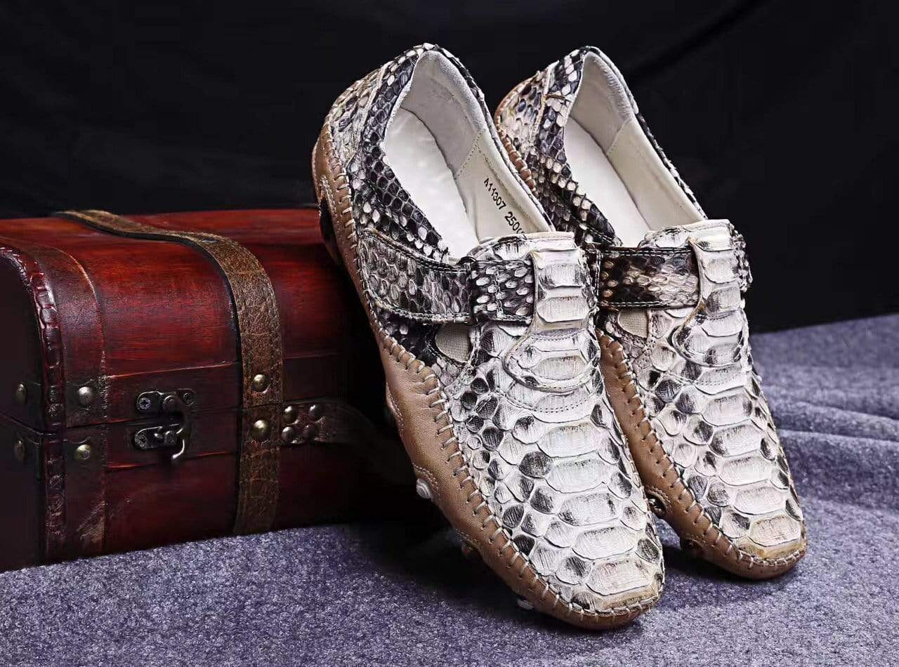 Crocodile Shoes Genuine Python Leather Men's White Slip-On Loafer Shoes
