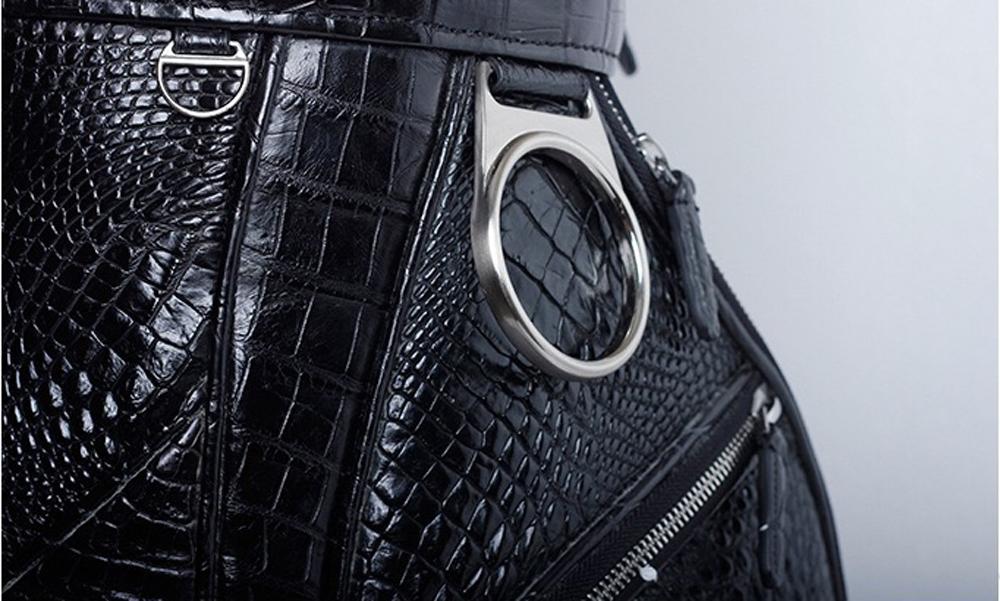 Pre-order Crocodile Leather Golf Set with golf cart and stand bags by Rossie Viren, featuring luxurious crocodile leather design.